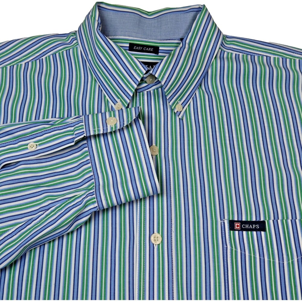 Chaps Easy Care Men's Size XL Button Down Long Sleeve Blue & Green Striped